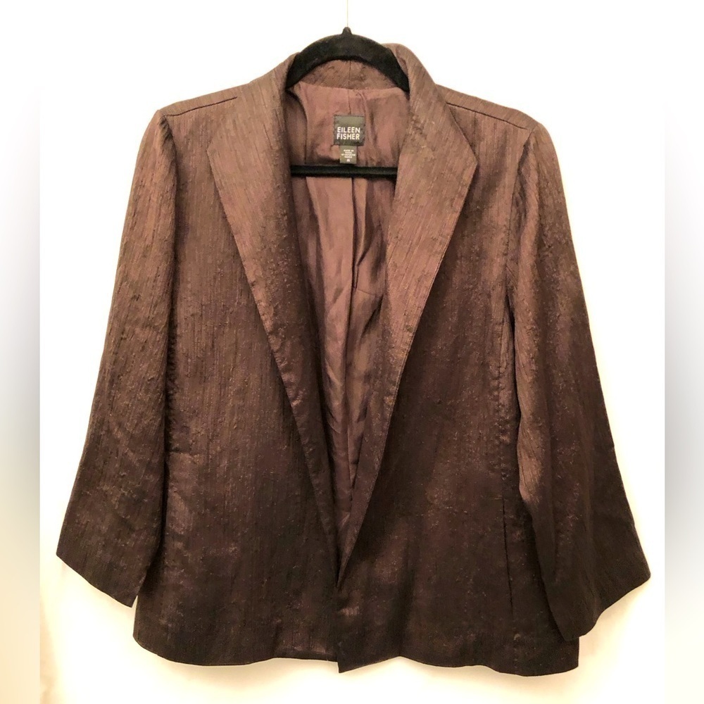 Eileen Fisher Brown Textured Silk Wool Open Front Jacket Blazer Size Medium